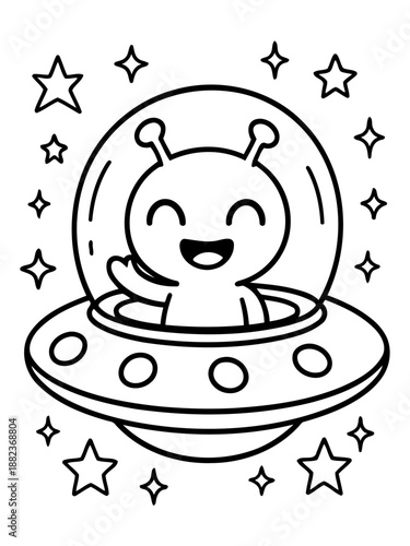Intergalactic Traveler: A cute, smiling alien waves from its spacecraft amidst a starry sky, evoking curiosity and a sense of wonder.
