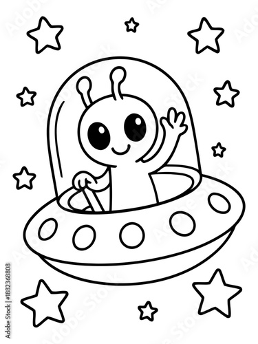 Friendly Alien in a Spaceship: A whimsical illustration depicts a cute alien cheerfully waving from the cockpit of a flying saucer, surrounded by stars in a coloring book style.