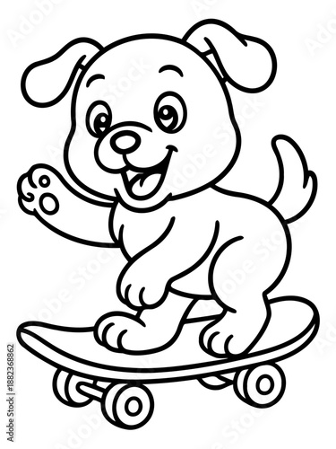 Puppy on Skateboard Adventure: A charming, happy puppy embarks on a skateboarding journey, full of glee. This playful illustration captures the spirited innocence of a young canine.