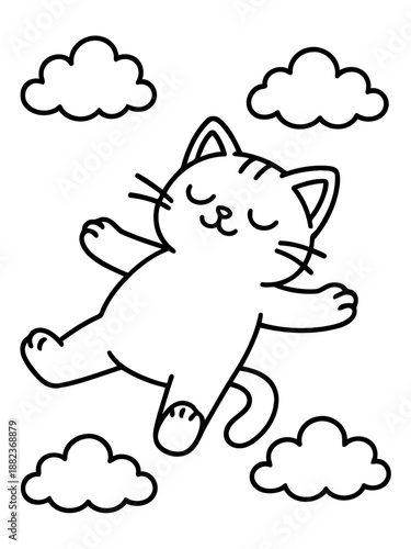 Dreamy Cat in the Clouds: A cheerful illustration of a cute cat is floating dreamily among fluffy clouds, radiating serenity.