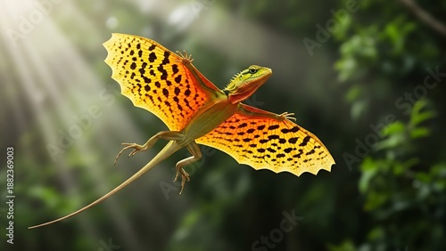 Vibrant Flying Draco Lizard Gliding with Spotted Wings in Nature
