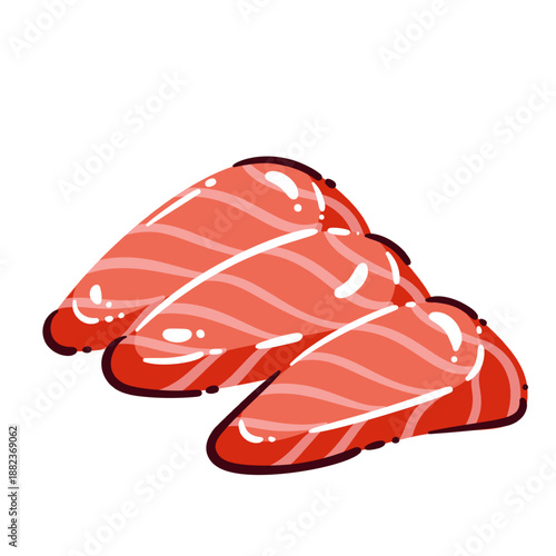 Tuna fillet slices, fresh seafood fish, mediterranean cuisine, healthy diet food, high protein nutrition, raw tuna fillet, seafood ingredient, cartoon vector illustration