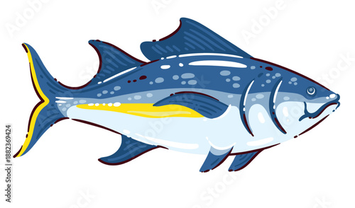 Yellowfin tuna fish, fresh tuna for mediterranean cuisine, healthy diet seafood rich in protein and omega fats, premium marine fish ingredient for cooking, cartoon vector illustration