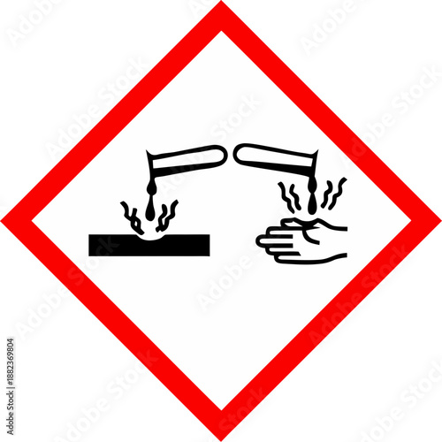 Skin corrosion symbol depicting corrosive materials affecting hands and surface, vector  