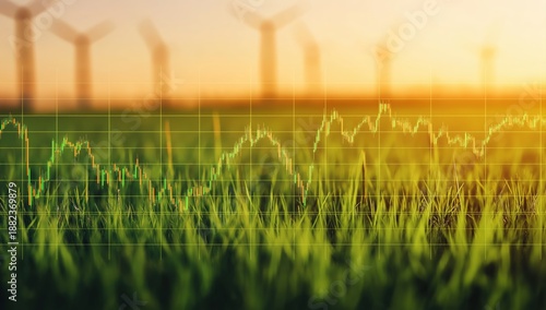 Stock market chart overlaying wind turbines and grass, illustrating green energy investment and sustainable finance