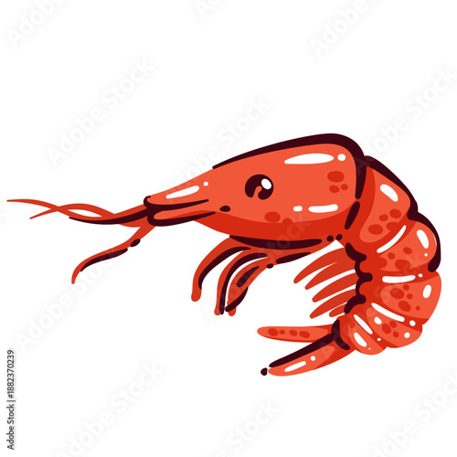 Shrimp seafood, mediterranean cuisine ingredient, healthy diet food, lean protein nutrition, sea crustacean, shrimp product, marine food, seafood meal, cartoon vector illustration