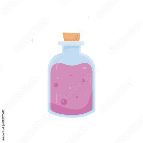 Glass bottle filled with pink liquid and cork stopper in a whimsical illustration style