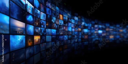 Screens displaying various videos and images, representing broadcast, streaming, communication, and global digital media content