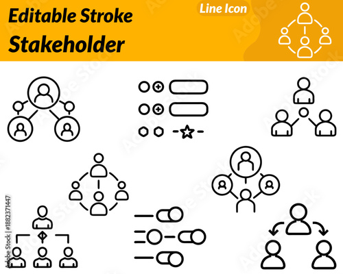 Stakeholder line icon. Style with smooth curves and professional colors like blue green and soft orange. Ideal for business strategy project management corporate governance teamwork presentations.