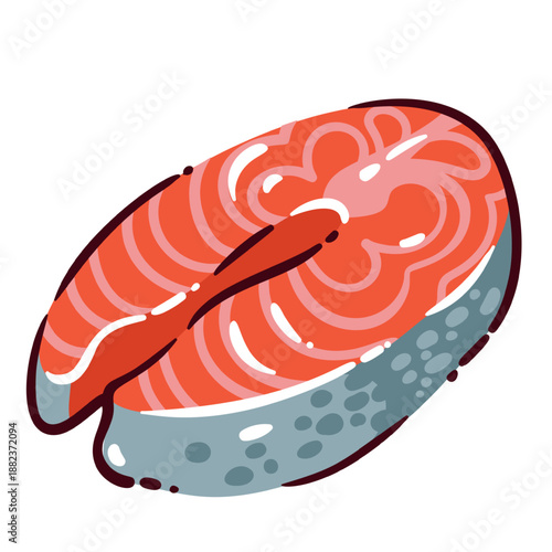 Salmon steak seafood, fresh salmon slice for mediterranean cuisine, omega rich fish, healthy diet food, premium seafood ingredient for cooking, salmon product, cartoon vector illustration
