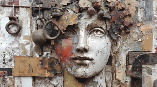 Expressive mixed media face artwork made from layered textures, found objects, and distressed materials.