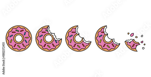 A cartoon illustration of a pink frosted donut with sprinkles being eaten in a series of steps.