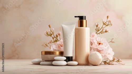 Minimal cosmetic containers with flowers and stones, natural skincare branding mockup.