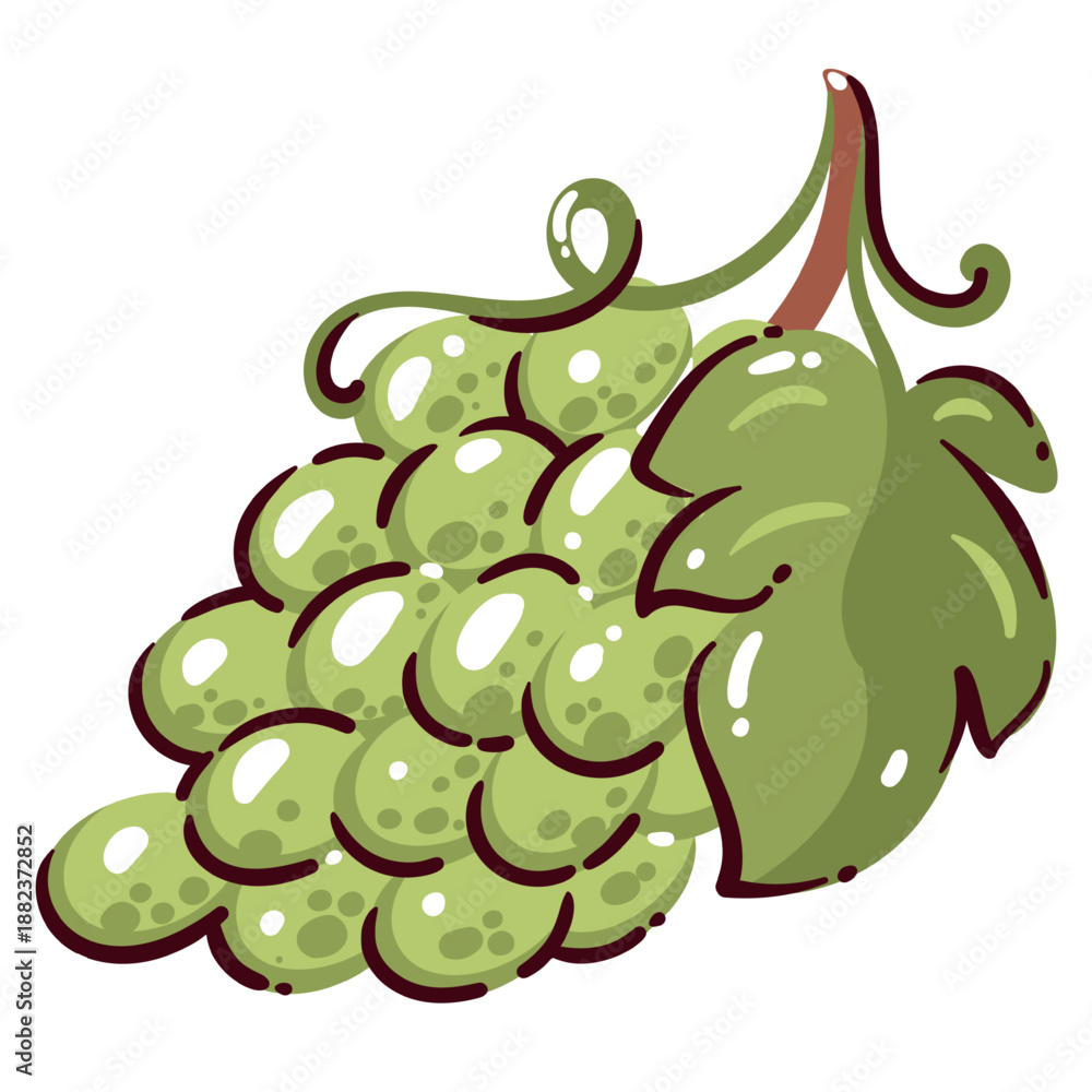Fototapeta premium Green grapes bunch with round juicy berries and vine leaf, fresh grape cluster with smooth shapes and bold outline. Natural fruit element for menu, packaging, grocery branding and healthy food. Cartoo