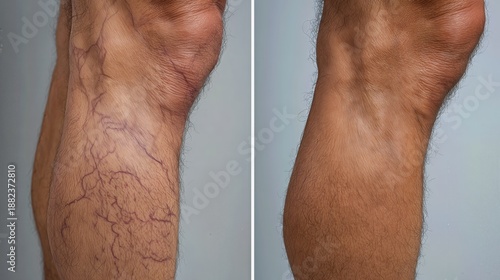 Before and after comparison of male leg with visible varicose veins and healthy skin