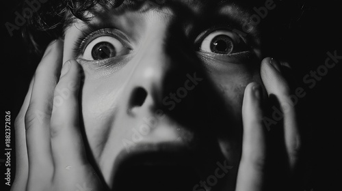 Black and white portrait of frightened person with wide eyes expressing fear and panic