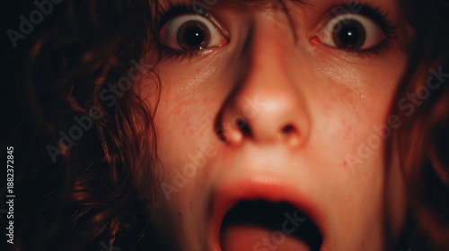 Close up portrait of a terrified woman with wide eyes and open mouth in dramatic low light