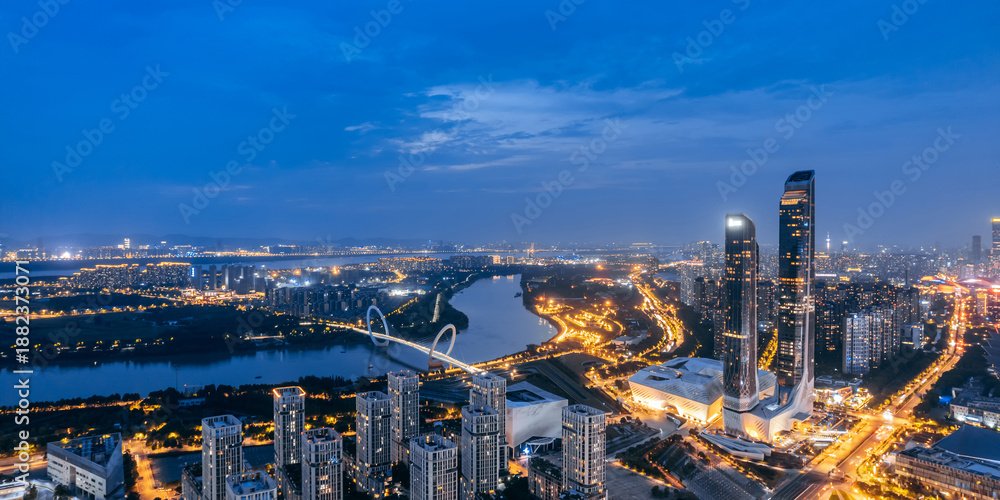 Obraz premium Aerial view of the night skyline of Nanjing Youth Olympic Center in Nanking, Jiangsu Province, China