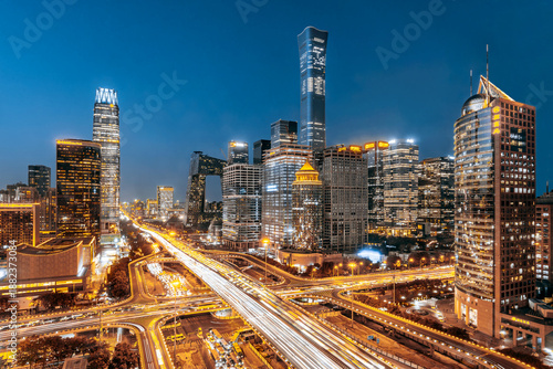 High angle night view of traffic flow at the Guomao Overpass in Beijing, China