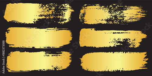 Gold paint brush. Vector golden hand painted smear stroke stain. Abstract art background. Collection of golden paint strokes. Vector ilustration.
