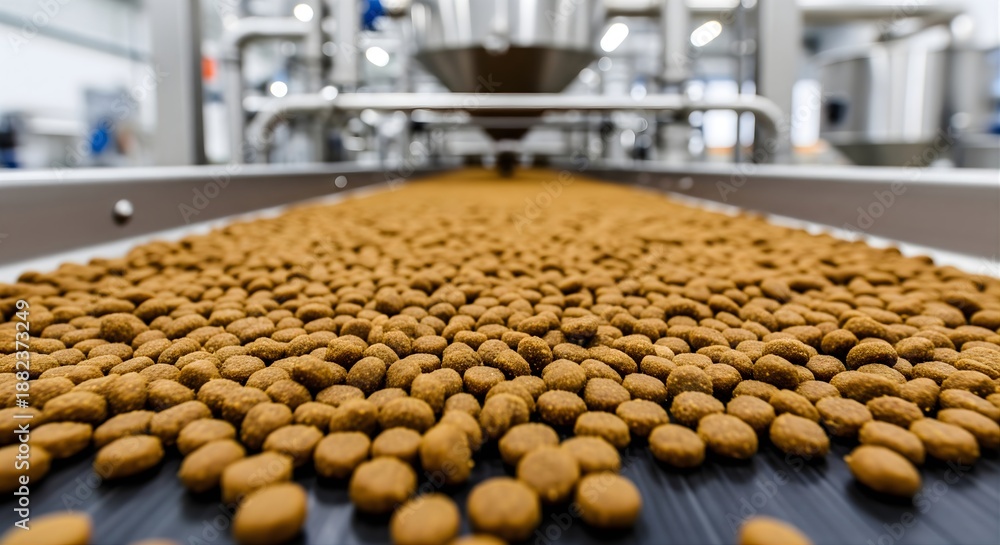 Fototapeta premium Close up of pet food pellets on conveyor belt in modern manufacturing factory facility showing automated process for high quality animal nutrition production line with stainless steel equipment