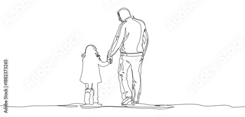 Vector illustration of a father and daughter walking hand in hand in line art style