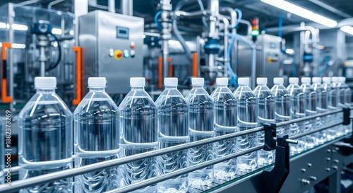Water bottling plant production line with plastic bottles moving along conveyor belt in clean industrial facility equipped with high tech automated machinery for beverage manufacturing and supply