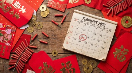 Lunar New Year Preparation: A vibrant collection of red envelopes, golden coins, and festive firecrackers adorns a wooden table, with a calendar prominently marking the date of Lunar New Year.