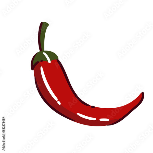Red chili pepper hot vegetable with curved shape and glossy surface, spicy chili ingredient for cooking, sauces and cuisine, fresh pepper pod, cartoon vector illustration