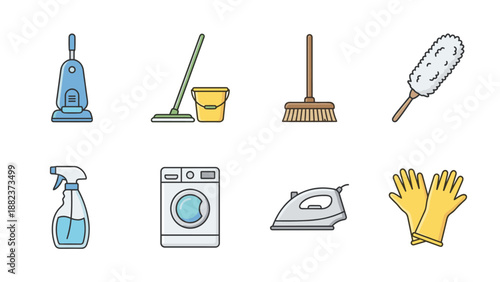 Cleaning icons set. Vacuum cleaner, mop, bucket, broom, duster, spray bottle, washing machine, iron, gloves. Housekeeping tools. Household chores. Domestic hygiene. Flat vector.