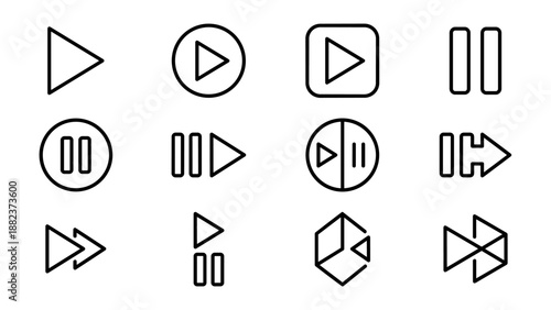Minimalist multimedia control icons set, 12 outlined play and pause button symbols, linear style user interface elements for media players, apps, and websites, simple modern vector design