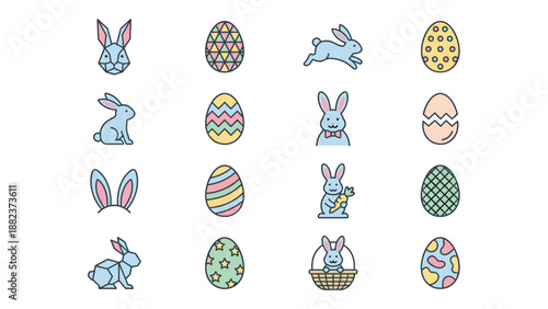 Set of 16 Easter Bunny and Egg Vector Icons in Minimal Geometric Style, Cute Blue Rabbits, Colorful Decorative Eggs, Spring Holiday Symbols, Festive Design Collection on White Background