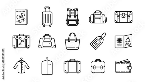Minimalist line art travel luggage and passport icons, outline vector set with backpack, suitcase, bag, wallet, tag, and clothing symbols, perfect for tourism, vacation, and journey design