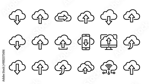 Set of 16 cloud computing vector icons, minimalist line art style. Upload and download symbols, data synchronization, wireless internet, backup, and storage technology concepts.
