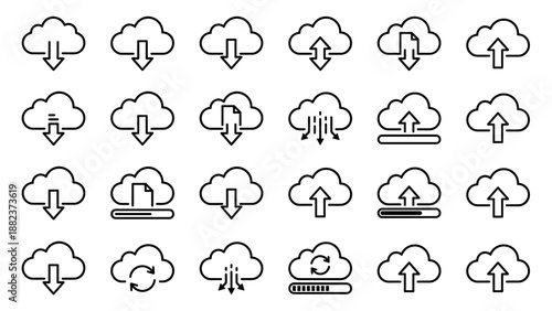 Minimalist line art cloud computing icons set. 16 clean upload and download data transfer symbols, synchronization, storage, server connection. Simple outline design for web technology interfaces.