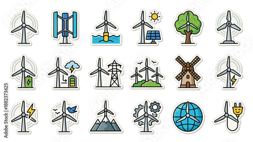 Renewable energy wind turbine icons set. Eco-friendly power generation, green electricity, solar energy, clean technology symbols, sustainable energy concept, modern sticker style vector illustration