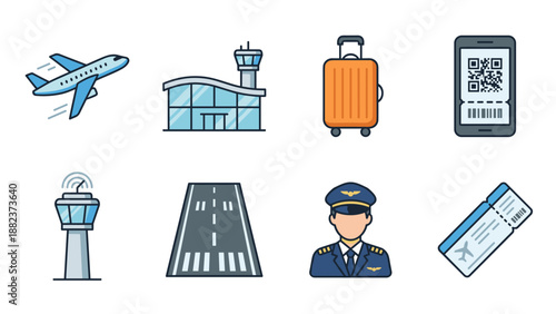 Airport aviation icons set. Travel tourism concept. Airplane flight. Terminal building. Luggage bag. Mobile boarding pass. Control tower. Runway strip. Pilot captain. Air trip.