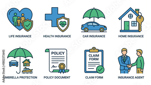 Insurance icons set. Life health car home protection. Umbrella coverage. Policy document. Claim form. Agent. Security safety. Flat line vector. Finance business. Risk management.