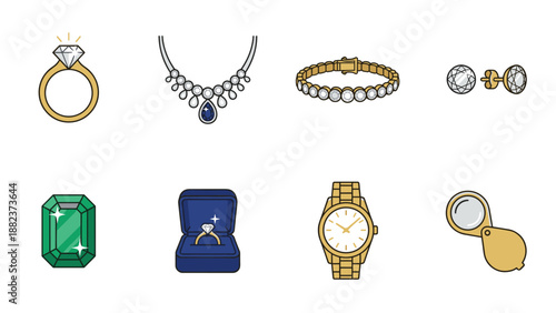 Luxury jewelry icons set. Diamond ring, necklace, bracelet, earrings, emerald, box, watch, loupe. Fashion accessories vector. Precious gems, wedding engagement, expensive wealth.