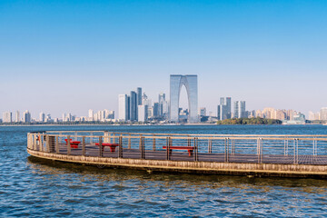Skyline scenery of the boardwalk along Jinji Lake in Suzhou, Jiangsu Province, China