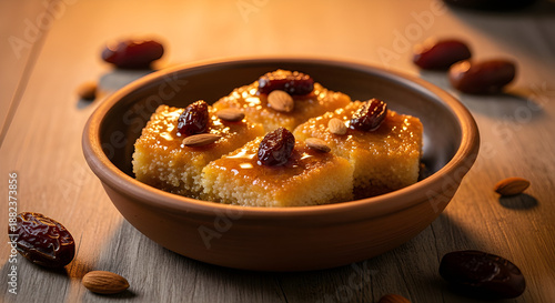 Honey and date semolina dessert in a rustic ceramic bowl.