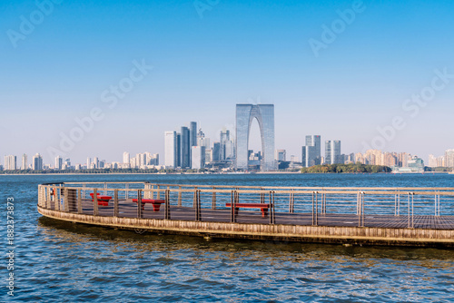 Εκτύπωση καμβά Skyline scenery of the boardwalk along Jinji Lake in Suzhou, Jiangsu Province, C