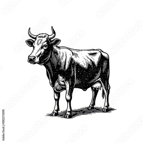 Detailed Engraving of a Dairy Cow Standing in a Field.