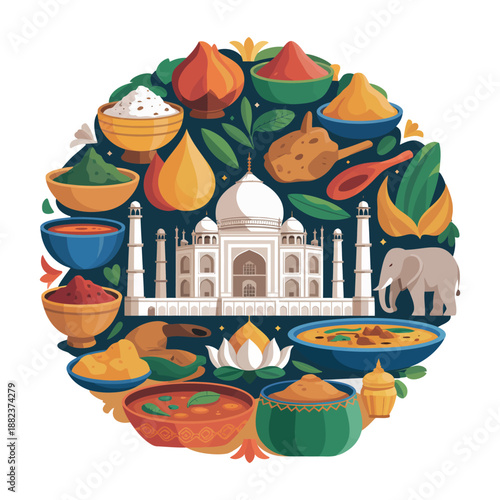 A vibrant illustration of the Taj Mahal surrounded by traditional Indian dishes and spices
