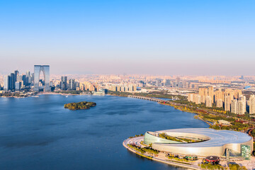 Aerial view of Suzhou Theater, Oriental Gate, Jinji Lake, Suzhou, Jiangsu Province, China