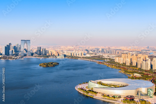 Canvastavla Aerial view of Suzhou Theater, Oriental Gate, Jinji Lake, Suzhou, Jiangsu Provin