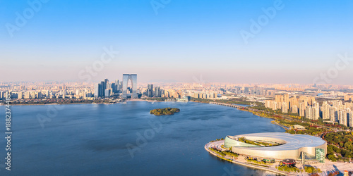 фотографія Aerial view of Suzhou Theater, Oriental Gate, Jinji Lake, Suzhou, Jiangsu Provin