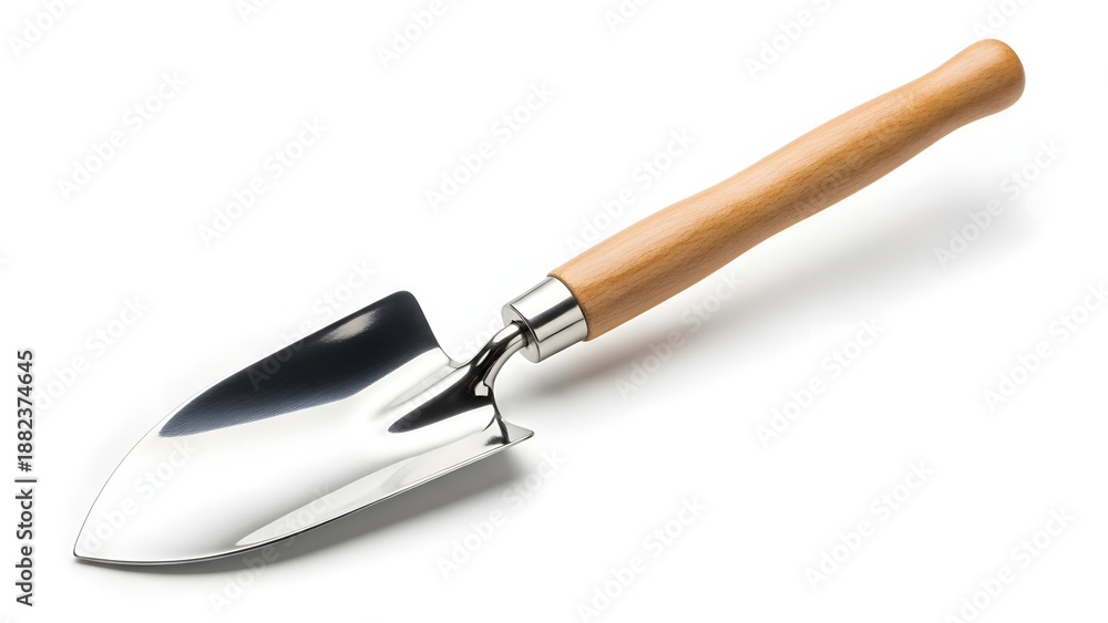 Fototapeta premium Stainless steel planting shovel with wooden handle on white background 
