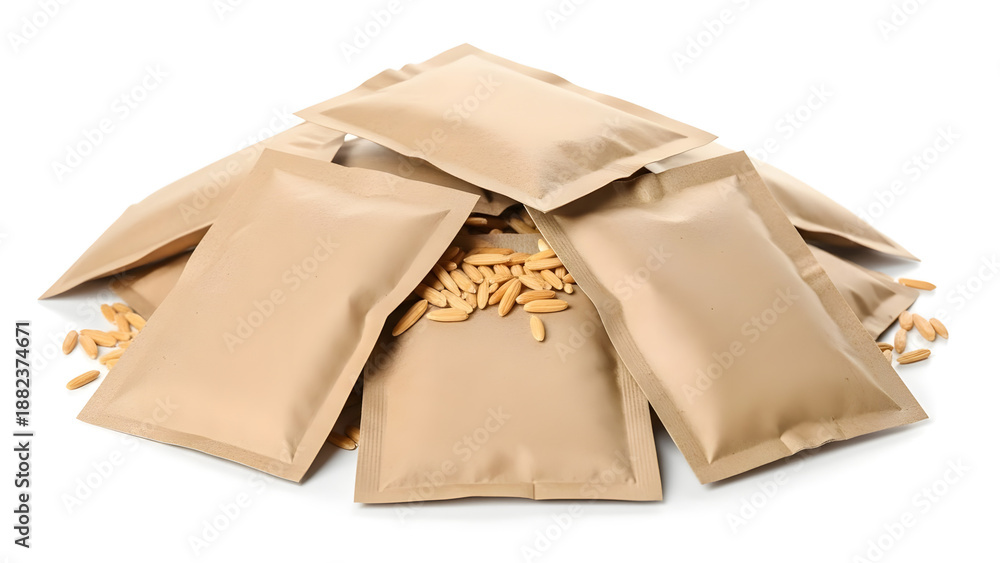 Naklejka premium Seed packets with seeds on white background for garden tools 