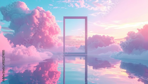 Surreal Dreamscape Portal in Cotton Candy Clouds Over Reflective Water.